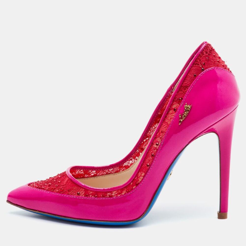 Loriblu Size 35 Bright Pink Lace And Patent Leather Pointed Toe Pumps